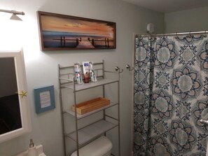 Dusche, Haartrockner, Handtücher, Toilettenpapier