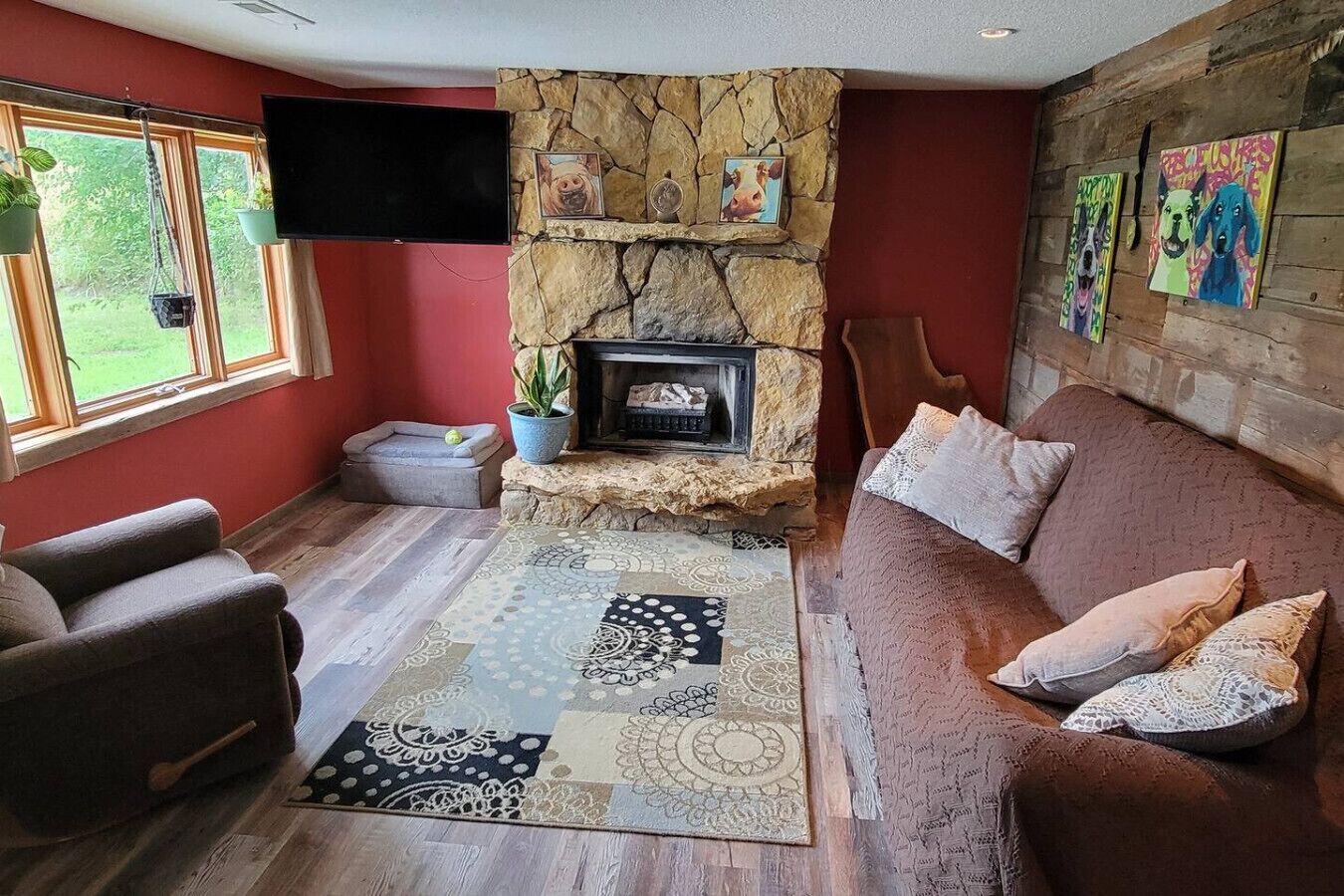 TV, fireplace, books