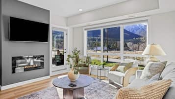 Smart TV, chimenea y libros