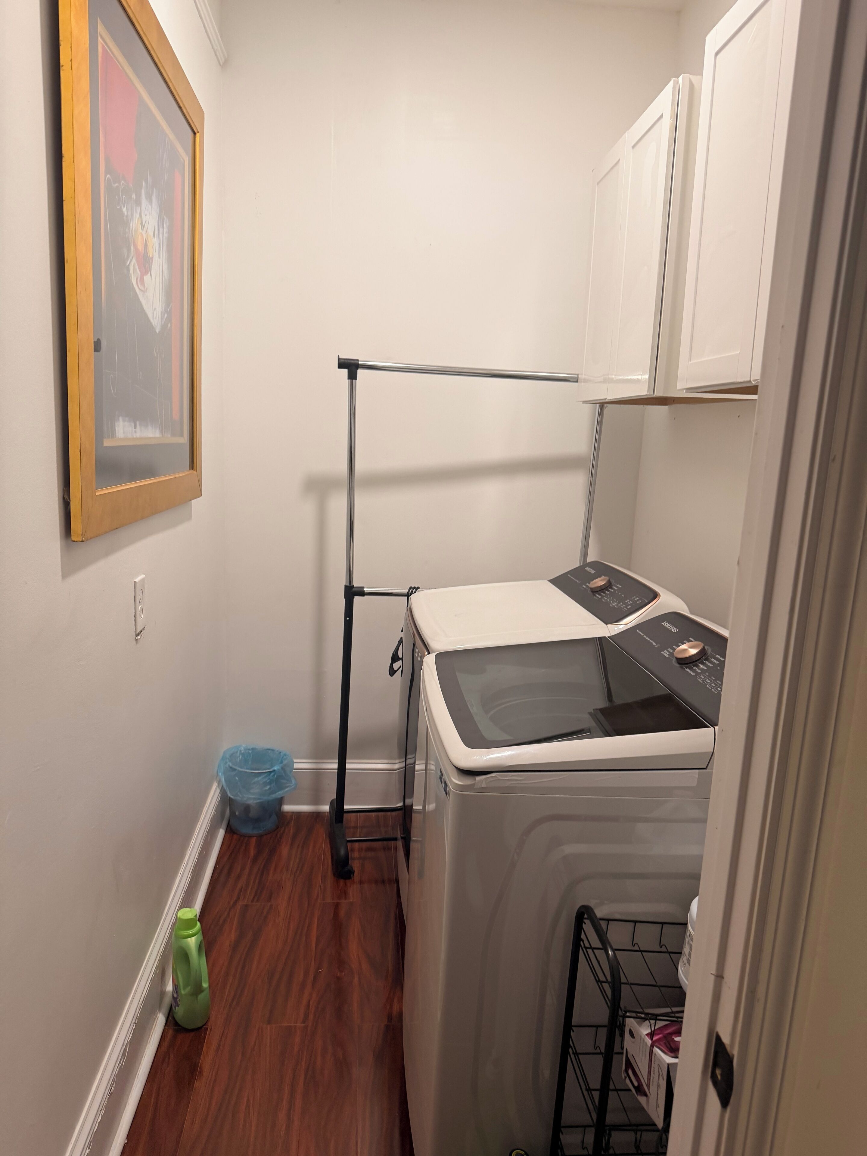 A laundry room with a washing machine, a drying rack, and a framed picture on the wall.