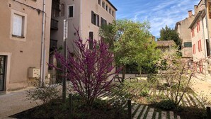Una calle estrecha flanqueada por edificios, un paso de peatones y un pequeño jardín con plantas en flor.