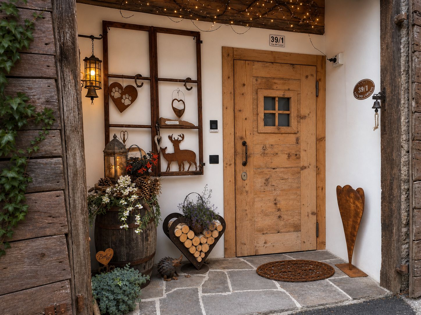 A rustic wooden door with a number plaque, a decorative heart-shaped planter, and a small animal figurine on the doorstep.