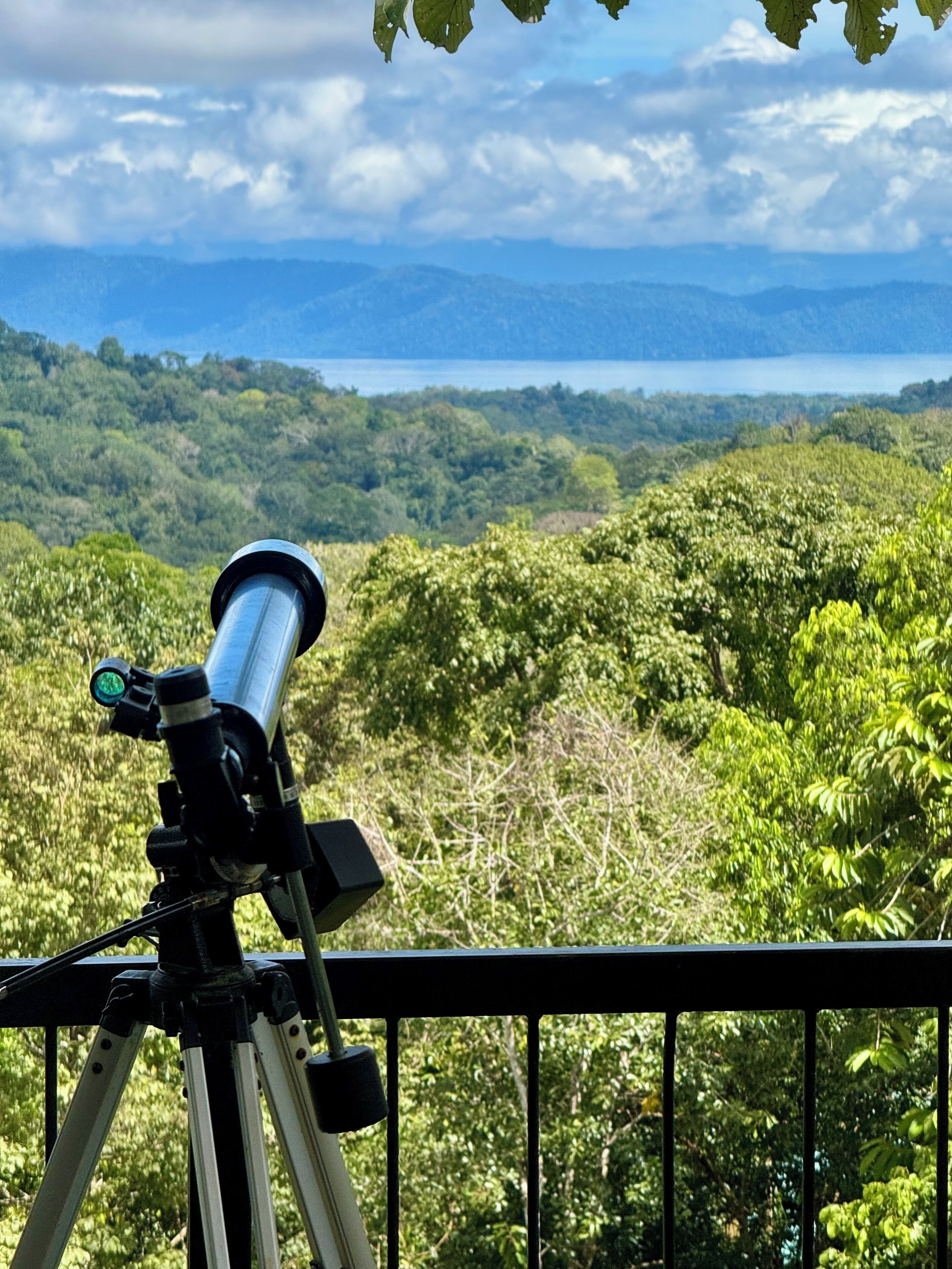 Un telescopio sobre un trípode que domina un paisaje montañoso con un lago.