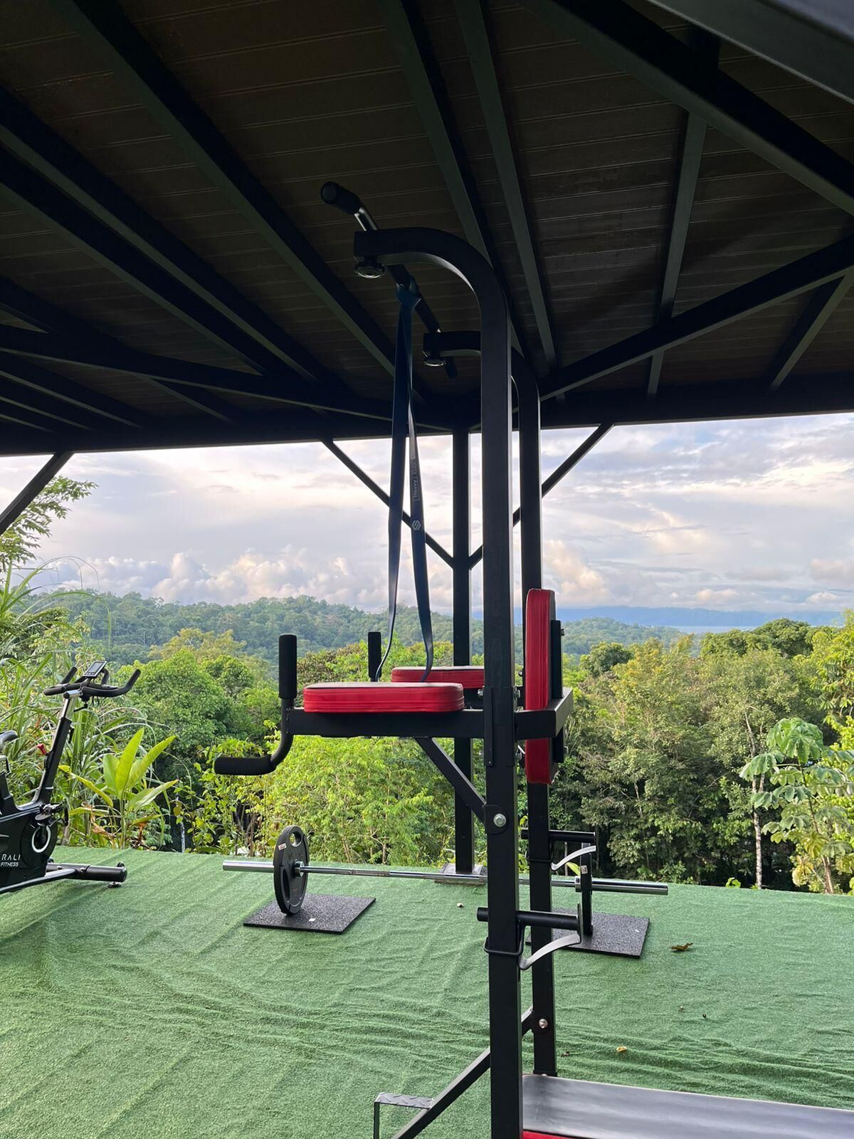 An outdoor gym with exercise equipment, including a bench press and a pull-up bar, set against a backdrop of lush greenery and a mountainous landscape.