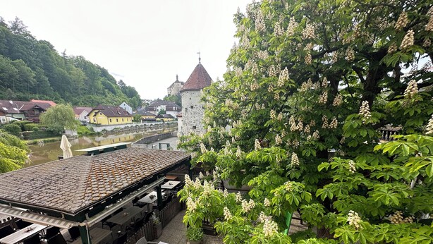 An outdoor café with tables and chairs, surrounded by lush greenery and a historic building in the background. - Stadthotel Raabs an der Thaya (Raabs An Der Thaya)