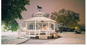 A gazebo with a roof and a statue of a horse on top, surrounded by trees. - The Historic Union Hotel (Union)