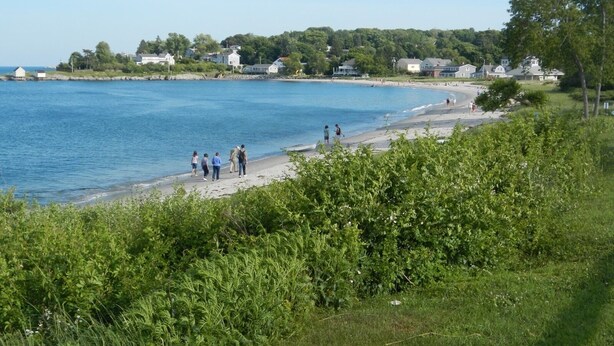 A coastal area with a sandy beach, a calm sea, and a line of houses in the background. - 4 Bedroom Beachside Surfer's Home (South Portland)