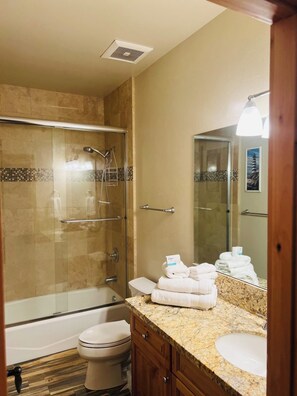 Hair dryer, towels, soap