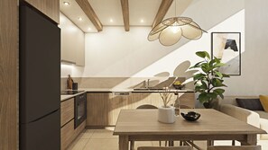 Enjoy a meal at the dining table, surrounded by a potted plant and a vase, with a staircase leading to the upper level.