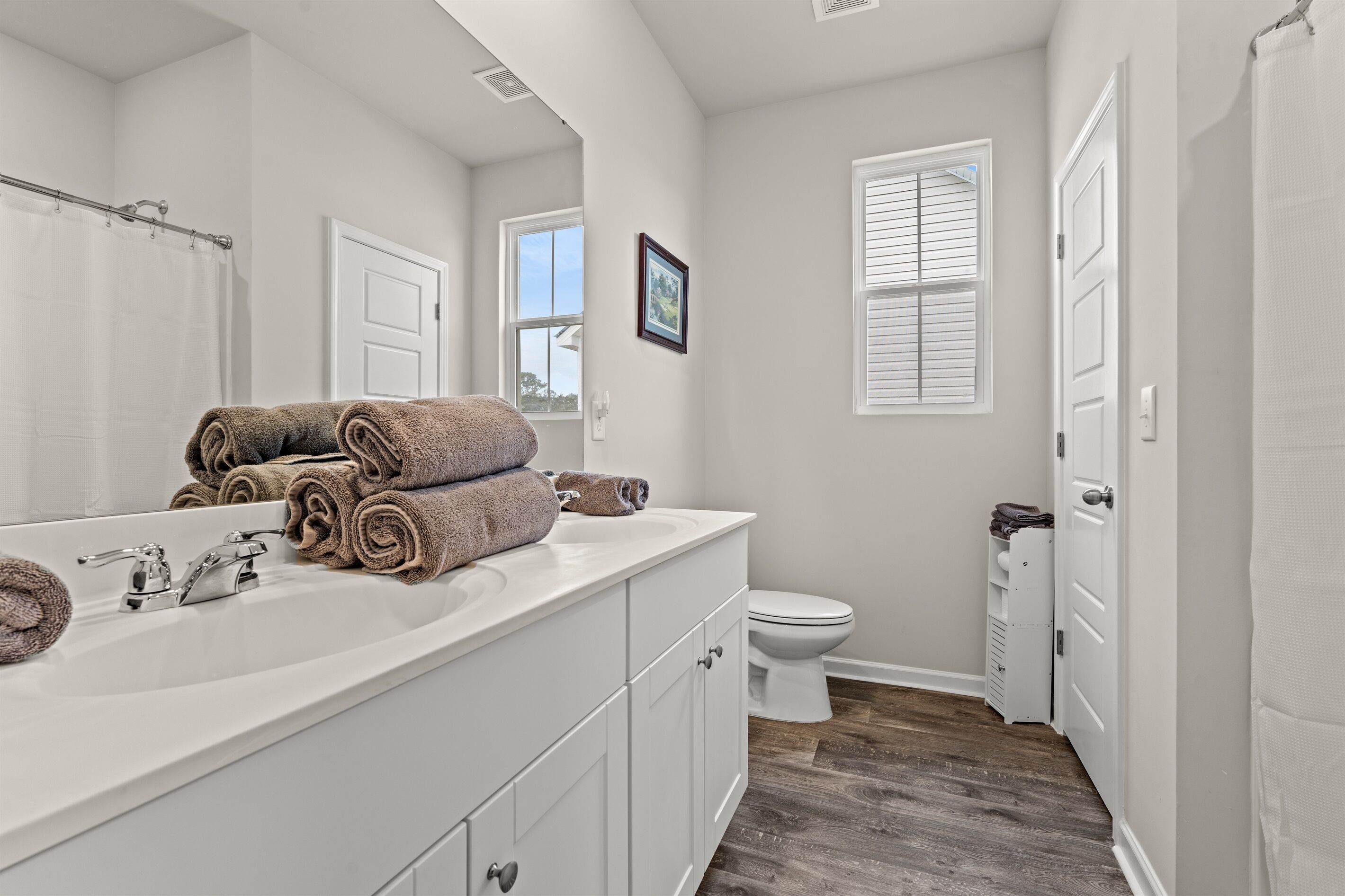 Une salle de bain avec un meuble-lavabo blanc, des toilettes et un rideau de douche.