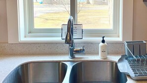 A kitchen with two stainless steel sinks, a faucet, a soap dispenser, and a window with a view of a yard and houses.