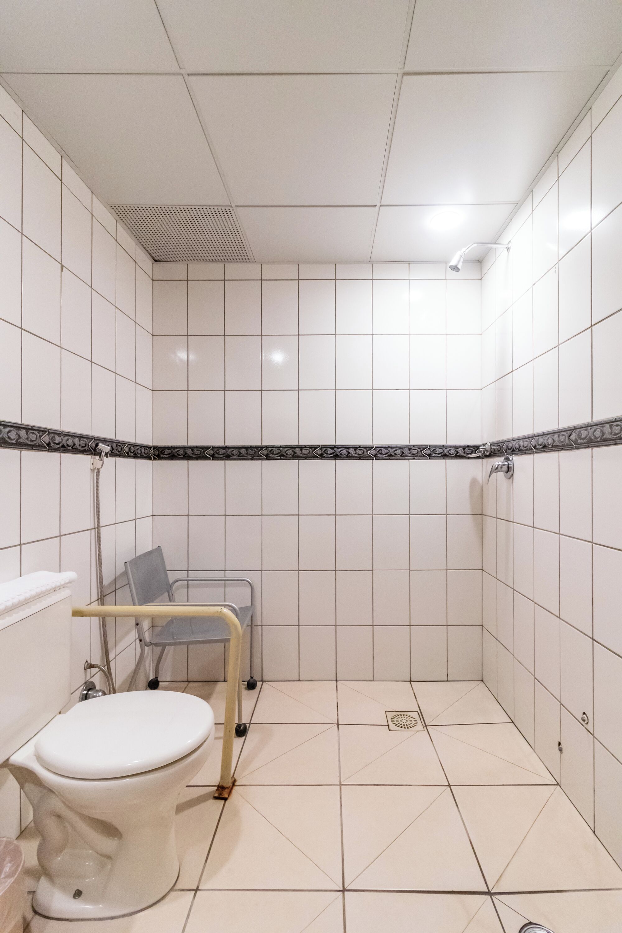 Ein kleines, sauberes Badezimmer mit weißen Fliesen, einer Toilette, einer Duschkabine und einer Haltestange.