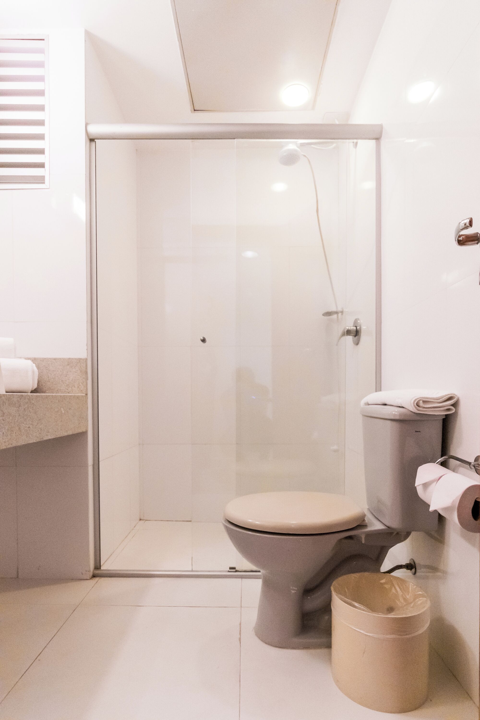 Une salle de bain moderne dotée d’une douche à parois de verre, de toilettes et d’un lavabo avec un plan de travail.