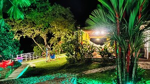 Un jardín nocturno con un sendero de piedra, follaje verde y una luna en el cielo.