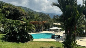 Una piscina rodeada de exuberante vegetación y un pabellón.