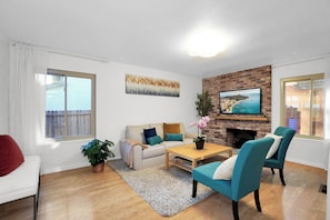 Smart TV, fireplace, video games, foosball