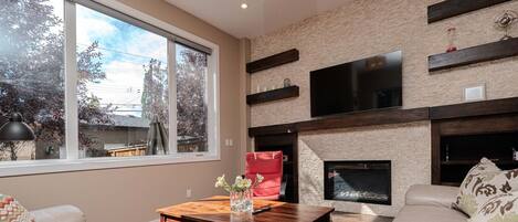Smart TV, fireplace, books