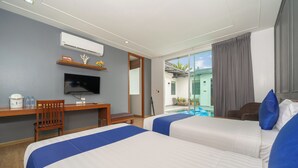 A hotel room with two beds, a desk, a TV, and a view of a pool. - Phuket La Siesta Pool Villa And Pool Access (Rawai)