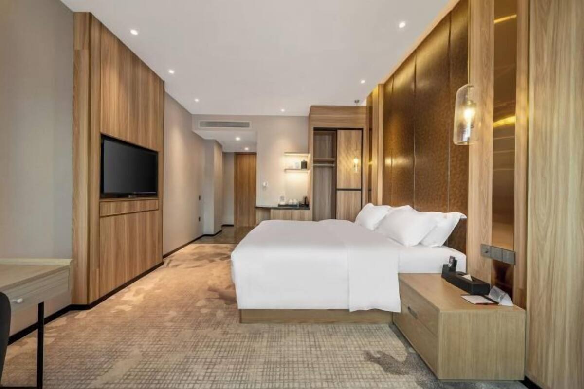 Een moderne hotelkamer met een groot bed, een televisie en een wand van hout.