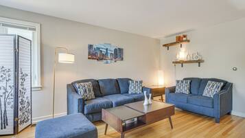 TV, fireplace, books
