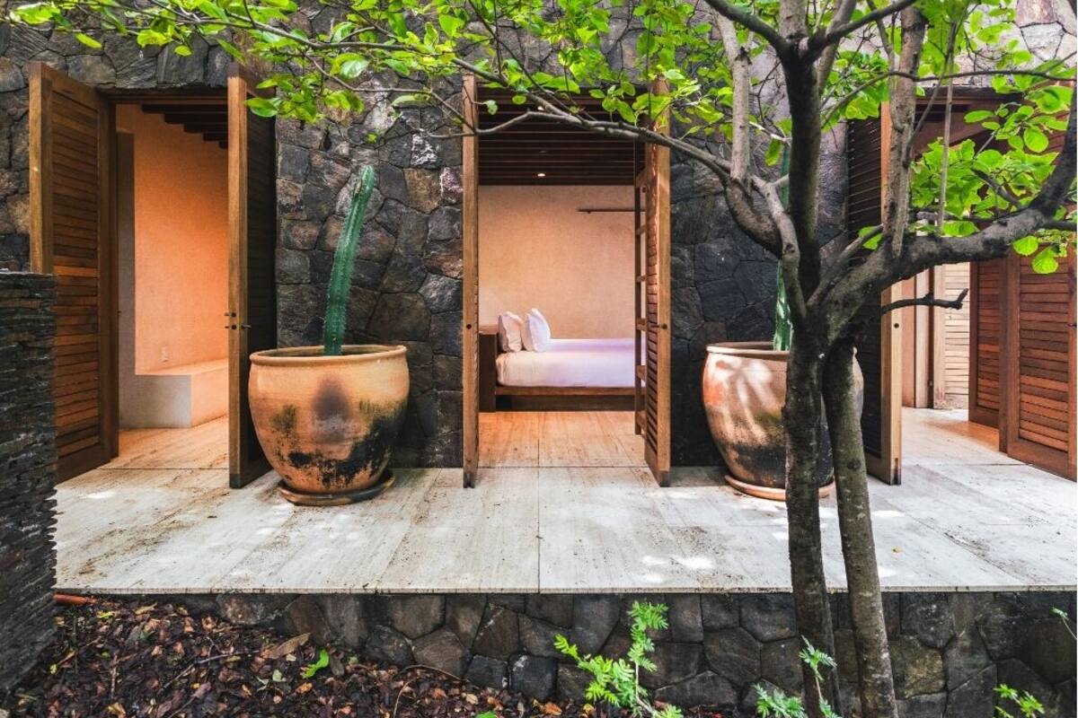 A private room with a bed, two large potted plants, and a stone wall.