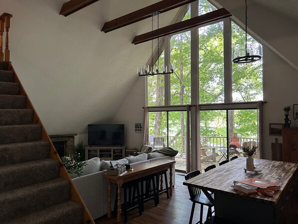 Smart TV, fireplace, books