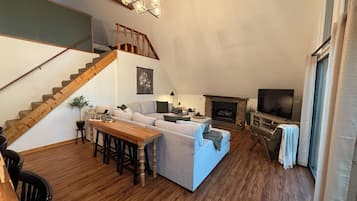 Smart TV, fireplace, books