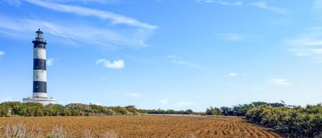 A lighthouse with a white and black striped tower, surrounded by a plowed field and sparse vegetation under a clear blue sky.