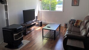 Un salon avec un téléviseur, une cheminée, un canapé et une fenêtre donnant sur des arbres et un lac.