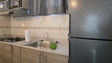 Fridge, microwave, oven, stovetop
