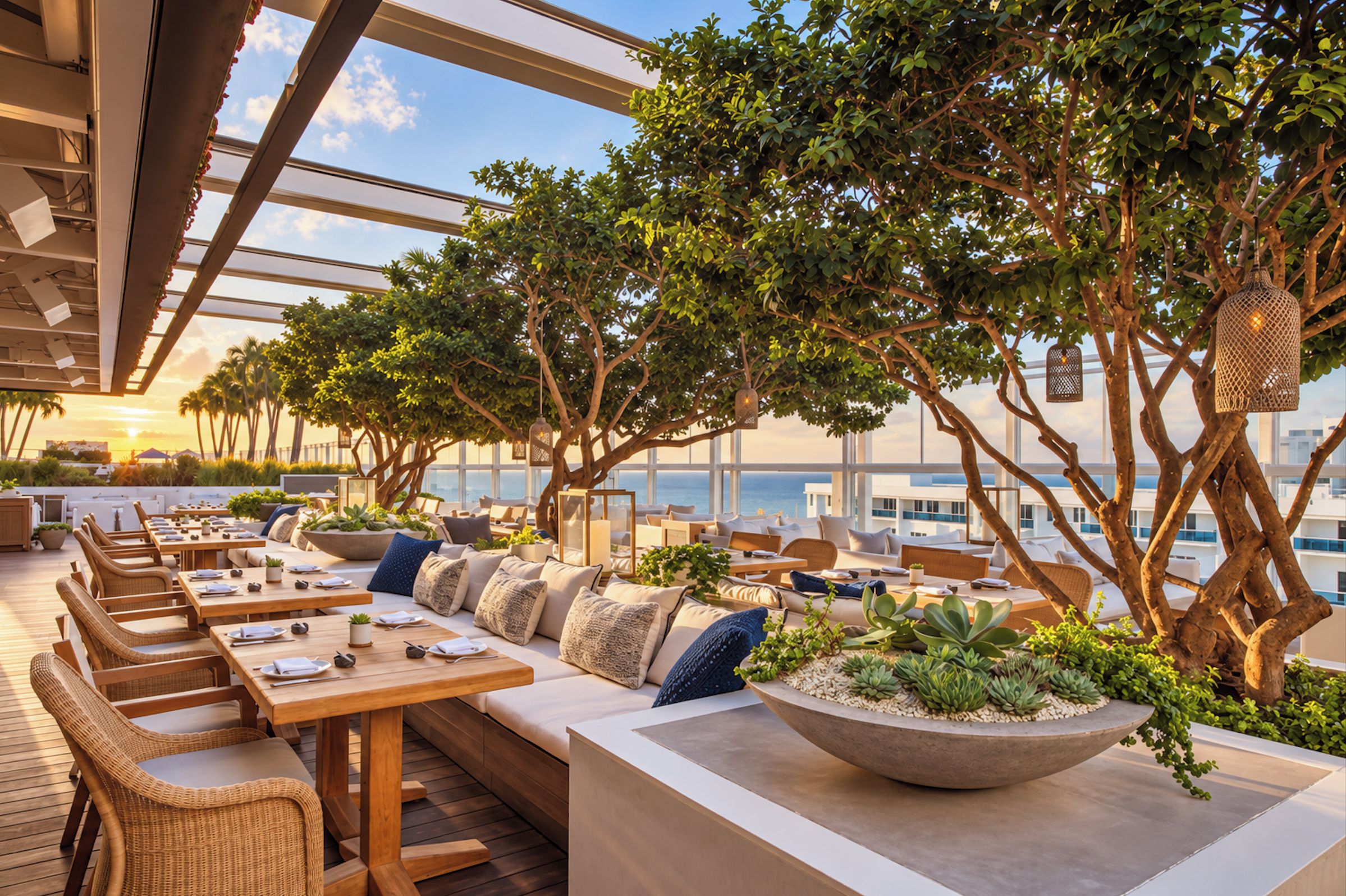 An outdoor dining area with tables and chairs, surrounded by greenery and overlooking a body of water.