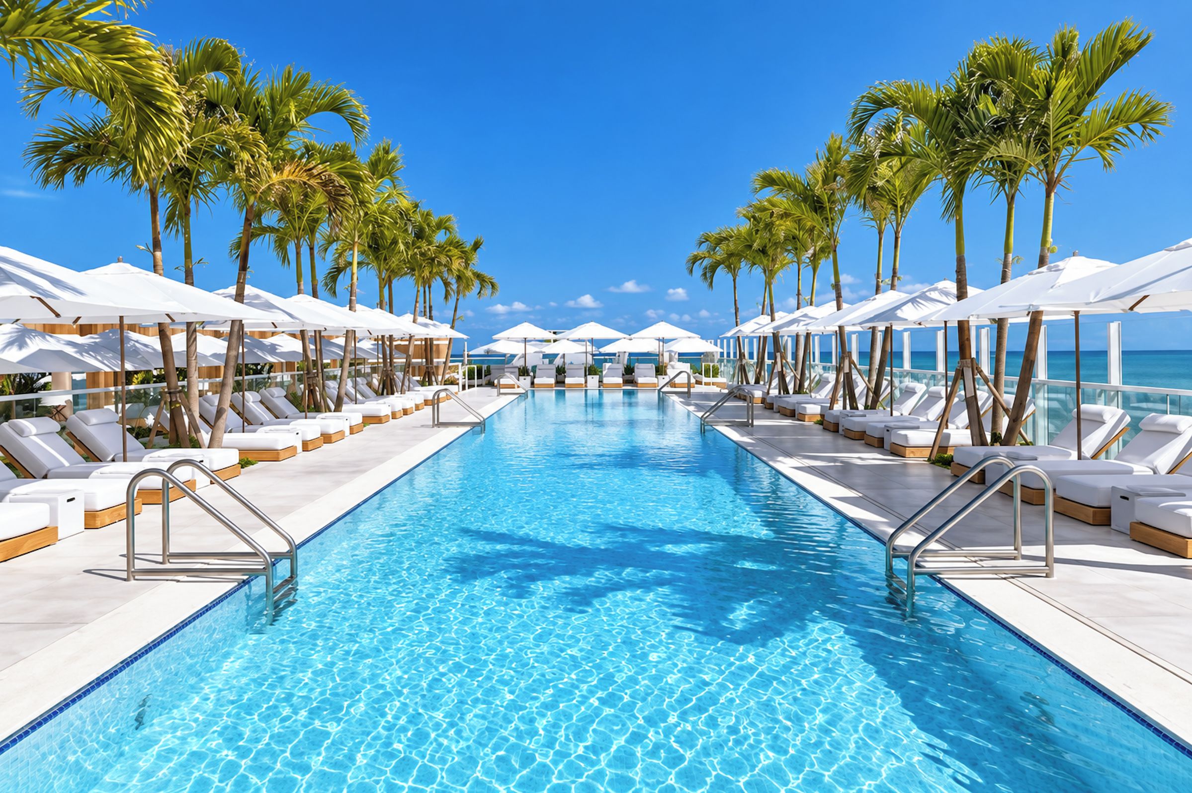 Resort-style oceanfront pool with palm-lined loungers and sunny tropical views