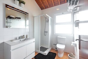 Shower, hair dryer, bidet, towels