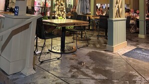 An outdoor seating area with tables and chairs, a tree decorated with lights, and a building with a sign that reads "Tommy's Restaurant." - Olde Naples beautiful Condo Steps to Pier, Beach, Sunsets and restaurants!  (Naples)