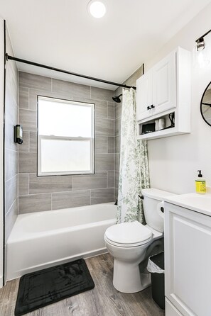 Hair dryer, towels, soap, toilet paper