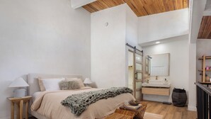 A bedroom with a bed, bedside tables, a bedside lamp, a bedside plant, a bathroom with a sink, mirror, and towel rack.