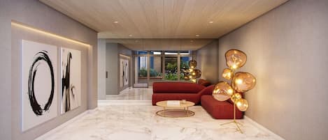 A modern interior with a marble floor, a red sofa, a gold-framed coffee table, and abstract wall art.