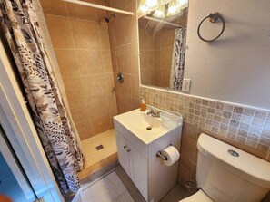 Douche, sĂšche-cheveux, serviettes fournies, savon