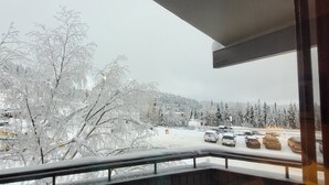 A snowy landscape with bare trees and a parking lot. - Cozy condo, next to the ski slopes with 2 private balconies (Whitefish)