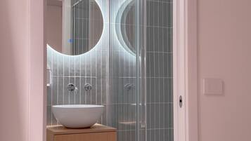 Shower, hair dryer, bidet, towels