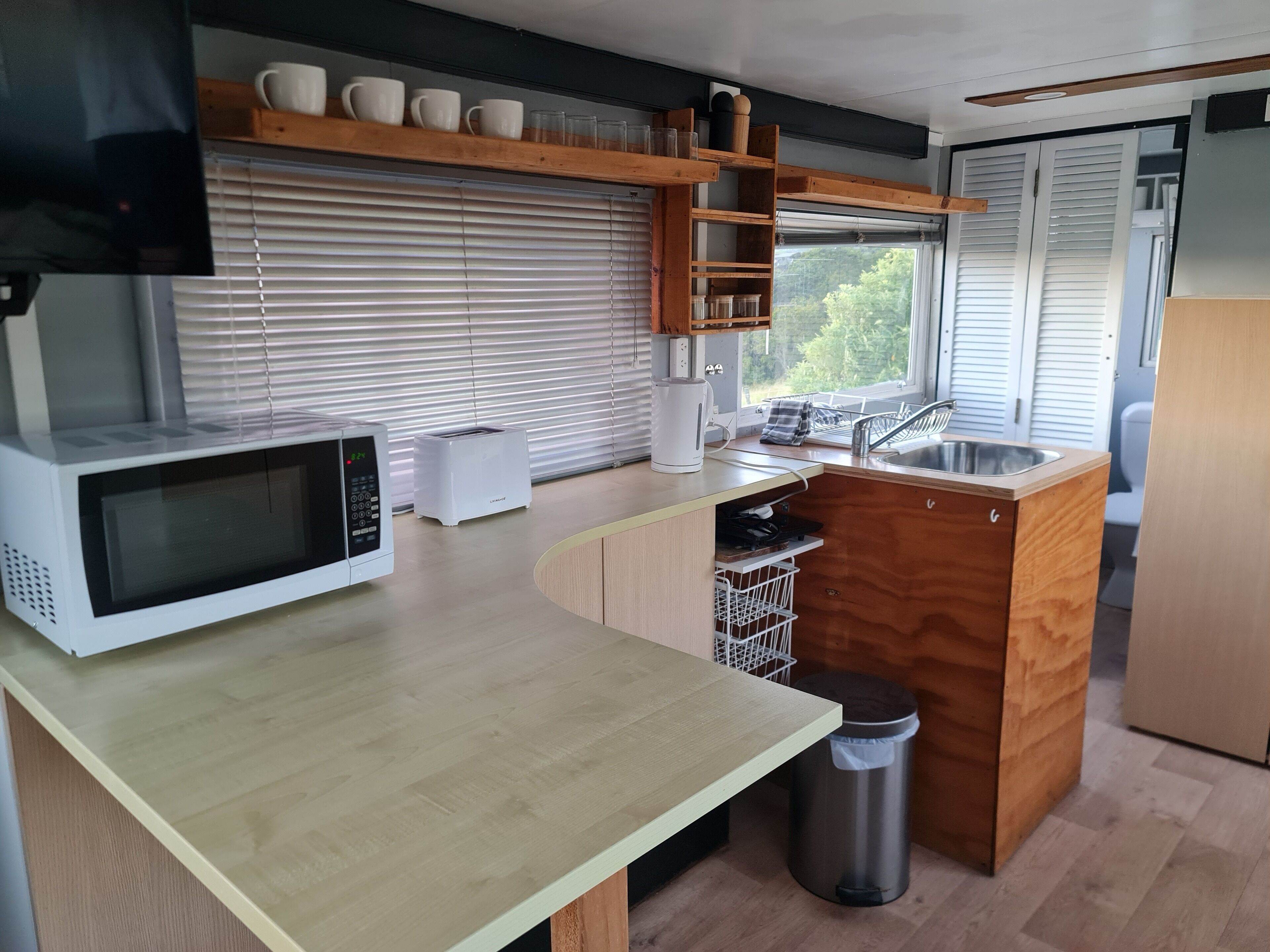 Fridge, microwave, electric kettle, toaster