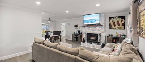 Smart TV, fireplace, video games, DVD player