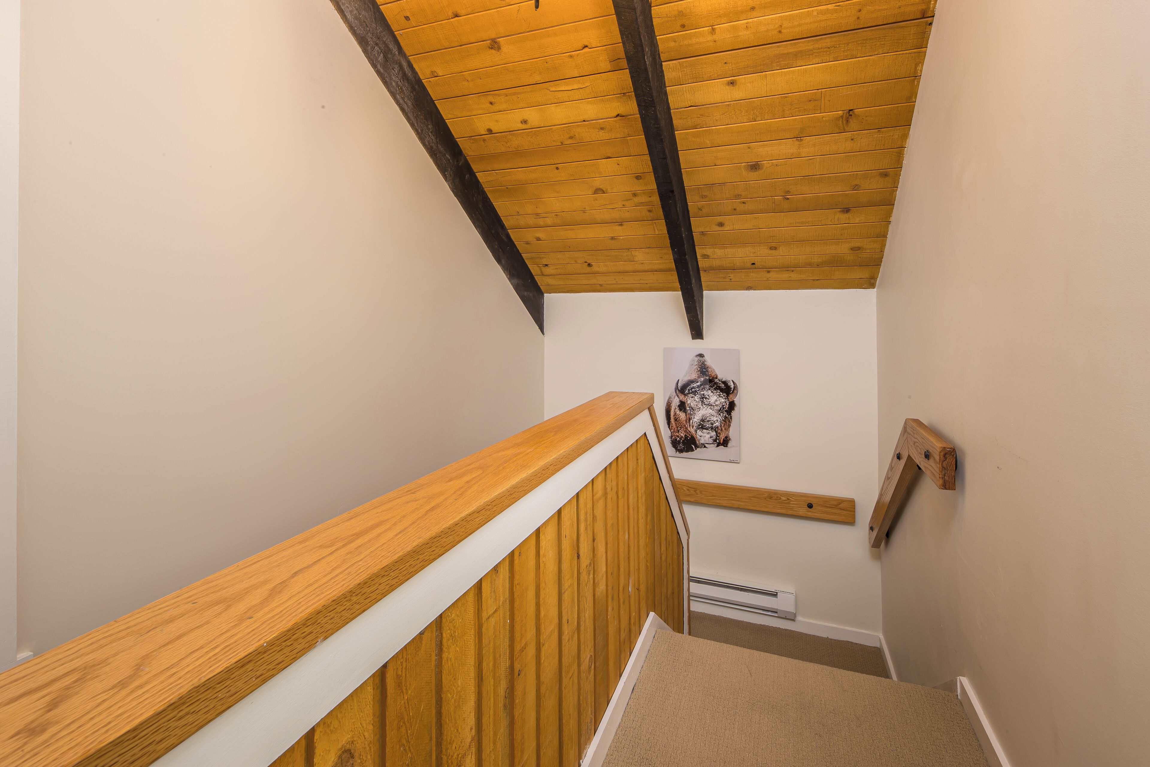 A wooden staircase with a white handrail and a beige carpeted landing.