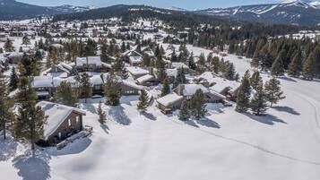 A snow-covered lodge with multiple cabins, surrounded by trees and mountains in the background.