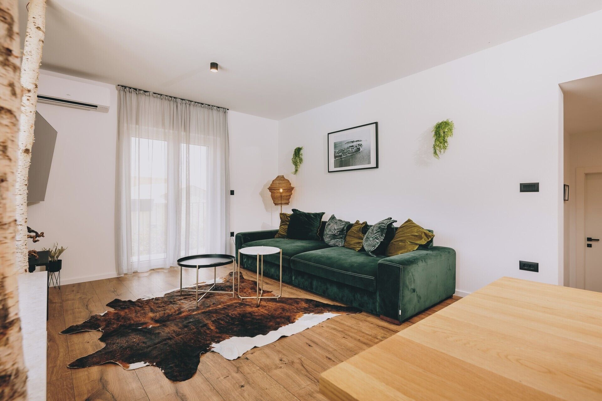 Un salon moderne avec un canapé vert, une table à manger en bois et un tapis en cuir.