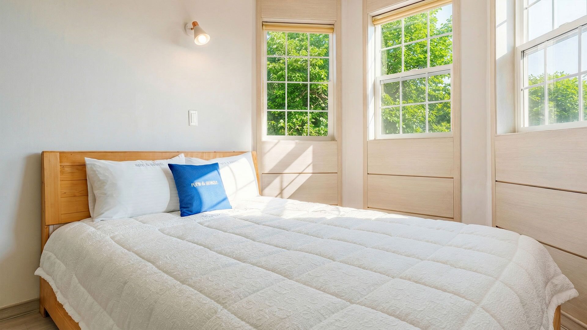 Una cama con cabecera de madera, ropa de cama blanca y un almohadón azul con texto.