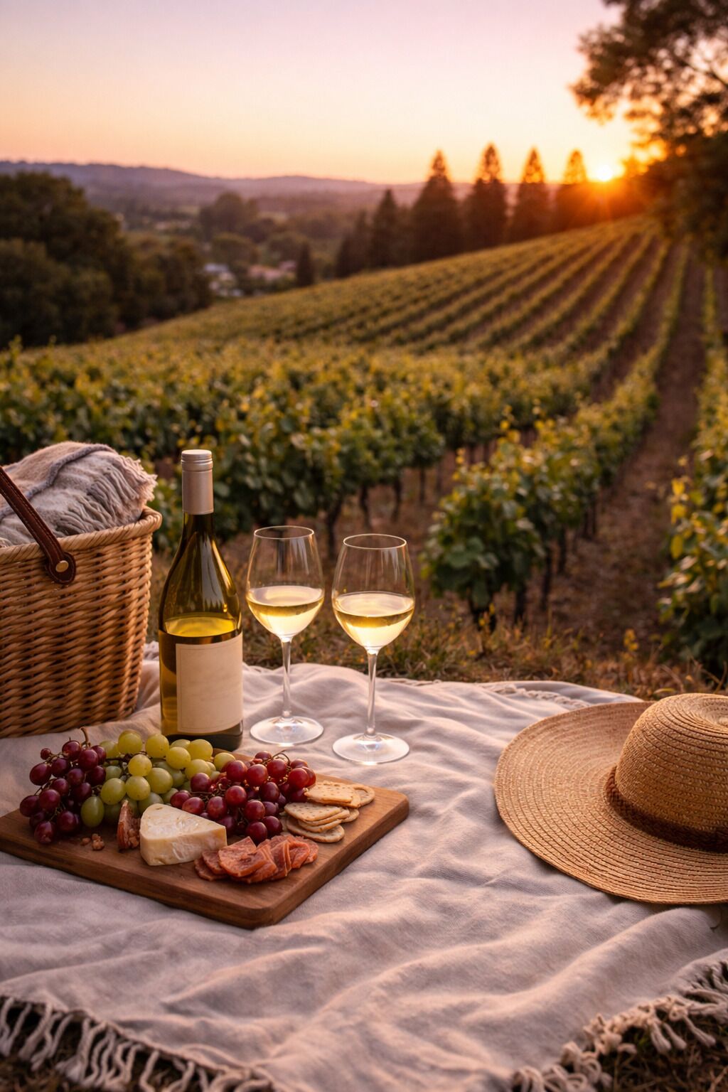 Ein Picknick mit einer Weinflasche, Gläsern, Trauben, Käse, Crackern und einem Korb auf einer Decke in einem Weinberg bei Sonnenuntergang.