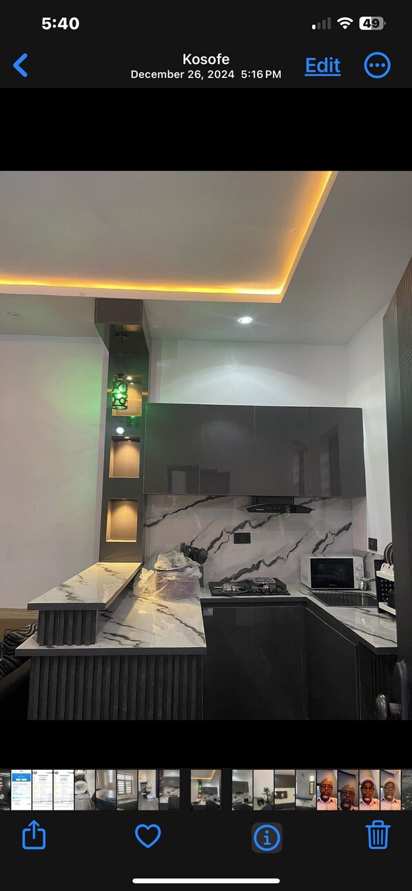 Microwave, stovetop, coffee/tea maker, electric kettle