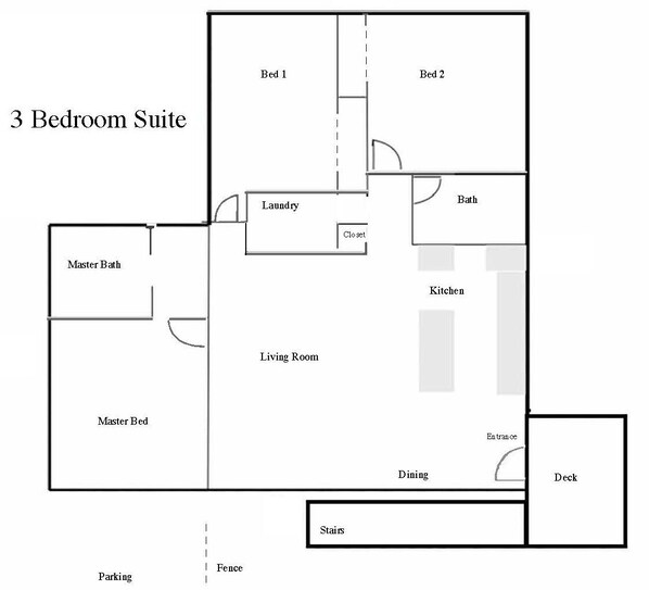 A 3-bedroom suite layout with a master bedroom, master bath, living room, dining area, kitchen, two bedrooms, a bathroom, a closet, and a deck.