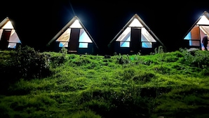 A row of triangular-roofed cabins with illuminated windows, set against a dark night sky, surrounded by lush green grass.
